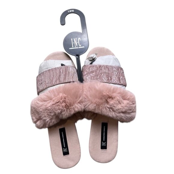Women's Pink Faux Fur Double Band Slippers Size 9-10 New - Picture 1 of 5